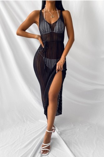 Black Sexy Solid Hollowed Out See-through Slit V Neck Beach Dress Dresses