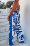 Royal Blue Sexy Casual Print Frenulum Backless Strapless Sleeveless Two Pieces