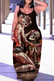 Halloween Costume Red Sexy Casual Print Backless Spaghetti Strap Long Dress Dresses