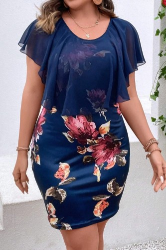 Blue Casual Print Patchwork O Neck Short Sleeve Dress Plus Size Dresses