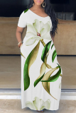 Green Casual Print Basic V Neck Short Sleeve Dress Dresses