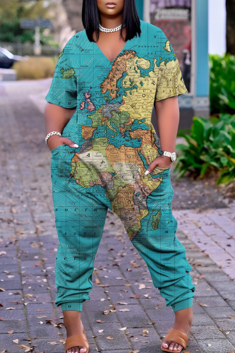 Navy Casual Print Basic V Neck Regular Jumpsuits
