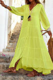 Yellow Fashion Solid Patchwork V Neck Cake Skirt Dresses
