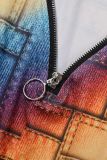 Black Casual Print Patchwork Metal Accessories Decoration Zipper Spaghetti Strap Long Sleeve Two Pieces