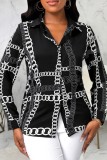 Black Casual Print Patchwork Shirt Collar Plus Size Tops