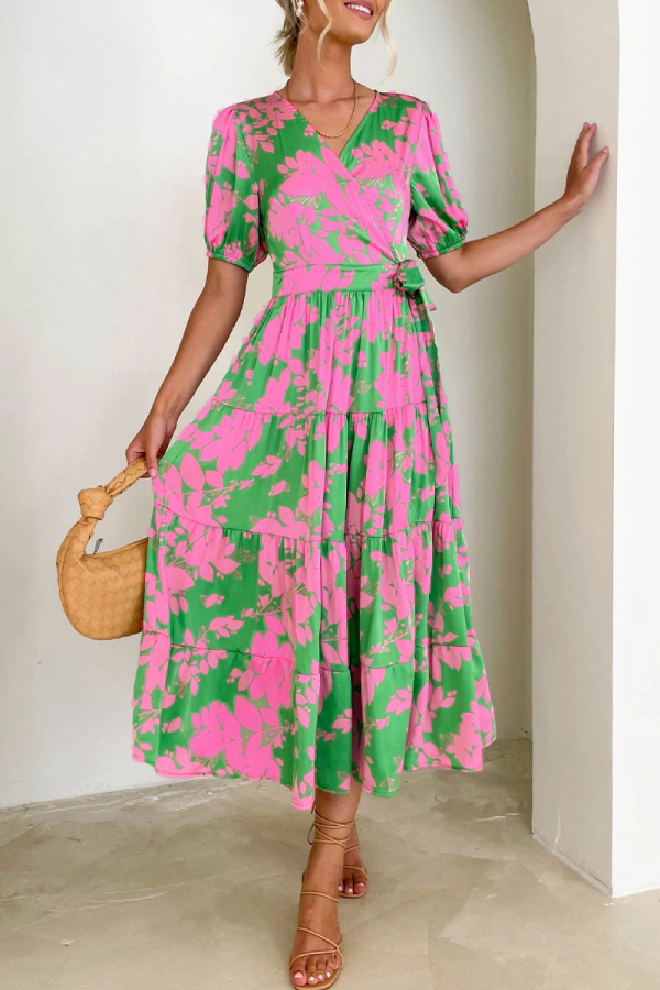 Green Elegant Floral Patchwork V Neck A Line Dresses
