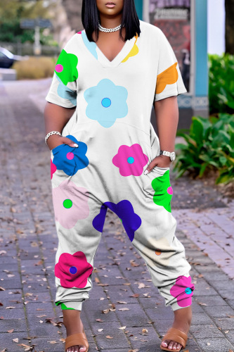 White Casual Print Basic V Neck Regular Jumpsuits