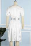 White Casual Solid Patchwork With Belt V Neck Pleated Short Sleeve Dress