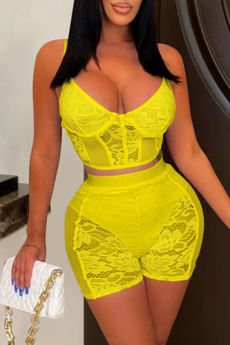 Yellow Sexy Solid Patchwork See-through Backless Spaghetti Strap Sleeveless Two Pieces