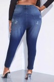 Deep Blue Casual Patchwork Ripped Plus Size Jeans