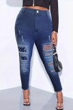 Deep Blue Casual Patchwork Ripped Plus Size Jeans