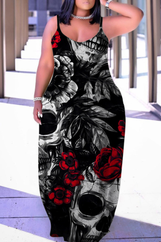 Halloween Costume Black Skull Pumpkin Print Floor Length Sleeveless  Plus Size Loose Maxi Slip Dress