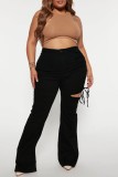 Black Casual Solid Hollowed Out Draw String Frenulum Plus Size Jeans