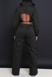 Coffee Casual Solid Frenulum Backless Turndown Collar Long Sleeve Two Pieces