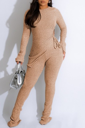 Apricot Casual Solid Frenulum O Neck Long Sleeve Two Pieces