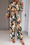 Yellow Casual Print Basic O Neck Long Sleeve Two Pieces