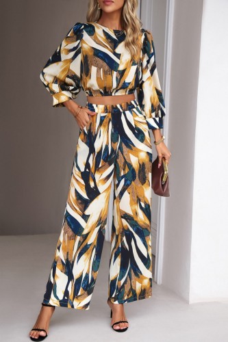 Yellow Casual Print Basic O Neck Long Sleeve Two Pieces