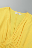 Yellow Casual Solid Patchwork V Neck Pleated Dresses