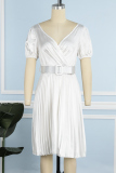 White Casual Solid Patchwork With Belt V Neck Pleated Short Sleeve Dress