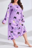 Pink Casual Living Butterfly Print Basic O Neck Long Sleeve Plus Size Nightdress