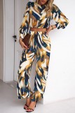 Yellow Casual Print Basic O Neck Long Sleeve Two Pieces