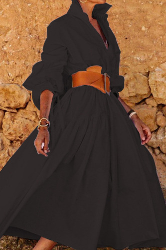 Black Casual Solid Patchwork Buckle With Belt Turndown Collar Shirt Dress Dresses
