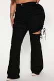 Black Casual Solid Hollowed Out Draw String Frenulum Plus Size Jeans