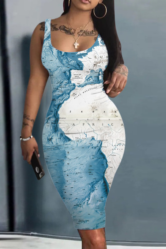 Blue Casual Print Basic U Neck Vest Dress Dresses