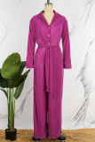 Rose Red Casual Solid Patchwork Turndown Collar Regular Jumpsuits