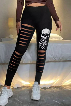 Black Casual Skull Head Print Ripped Skinny High Waist Pencil Positioning Print Trousers
