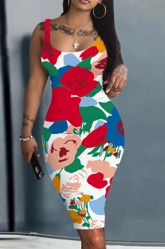 Red Casual Print Basic U Neck Vest Dress Dresses