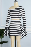 Stripe Casual Striped Print Patchwork Oblique Collar Long Sleeve Two Pieces