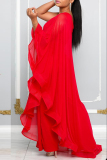 Red Solid Color Sloping Shoulder Long Ruffle Sleeve Formal Party Vacation Wide Leg Jumpsuit
