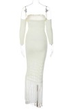 Cream White Sexy Casual Solid Tassel Hollowed Out Backless Off the Shoulder Long Dress Dresses