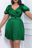 Green Casual Solid Patchwork With Belt V Neck Pleated Short Sleeve Dress
