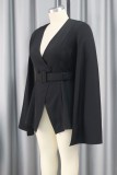 Black Casual Solid Patchwork With Belt V Neck Outerwear