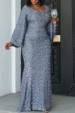Grey Casual Patchwork Sequins V Neck Evening Dress Plus Size Dresses