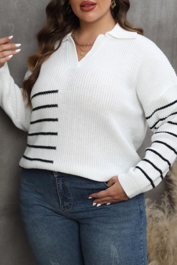 Pre-Order Plus Size White with Black Stripes Thermal Top