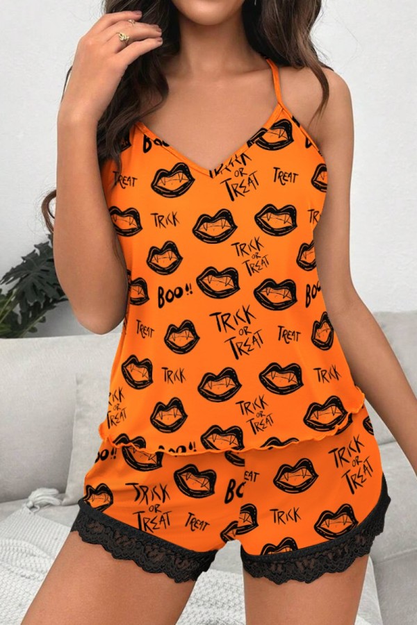 Orange Sexy Living Print Patchwork Backless Spaghetti Strap Sleeveless Two Pieces