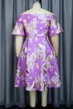 Purple Casual Print Patchwork Off the Shoulder A Line Dresses (Subject To The Actual Object)