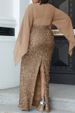 Gold Plus Size Sexy Elegant Hot Drilling Sequins Patchwork Sequined V Neck Wrapped Skirt Plus Size Dresses