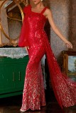 Red Sexy Formal Patchwork Sequins Oblique Collar Evening Dress Dresses