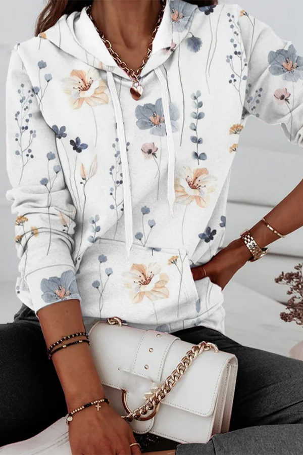 White Casual Print Patchwork Hooded Collar Tops