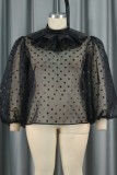 Black Casual Dot Patchwork See-through Half A Turtleneck Tops