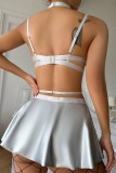Silver Sexy Living Solid Hollowed Out Patchwork Backless Lingerie