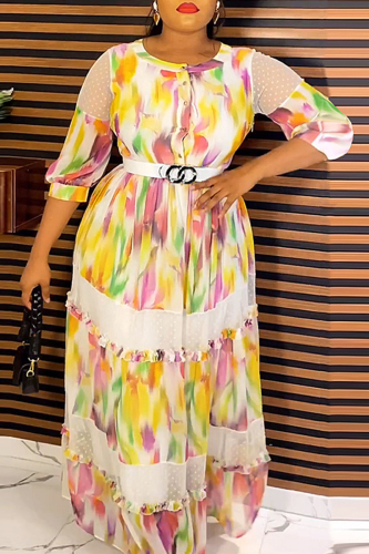 White Elegant Print Patchwork With Belt O Neck Cake Skirt Dresses