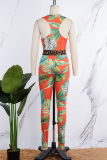 Red Green Casual Print Patchwork O Neck Sleeveless Two Pieces