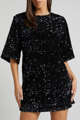 Black Casual Patchwork Sequins Frenulum Backless O Neck Dresses