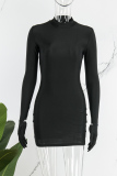 Black Casual Solid Patchwork Half A Turtleneck Long Sleeve Dresses