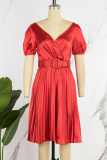 Red Casual Solid Patchwork With Belt V Neck Pleated Short Sleeve Dress